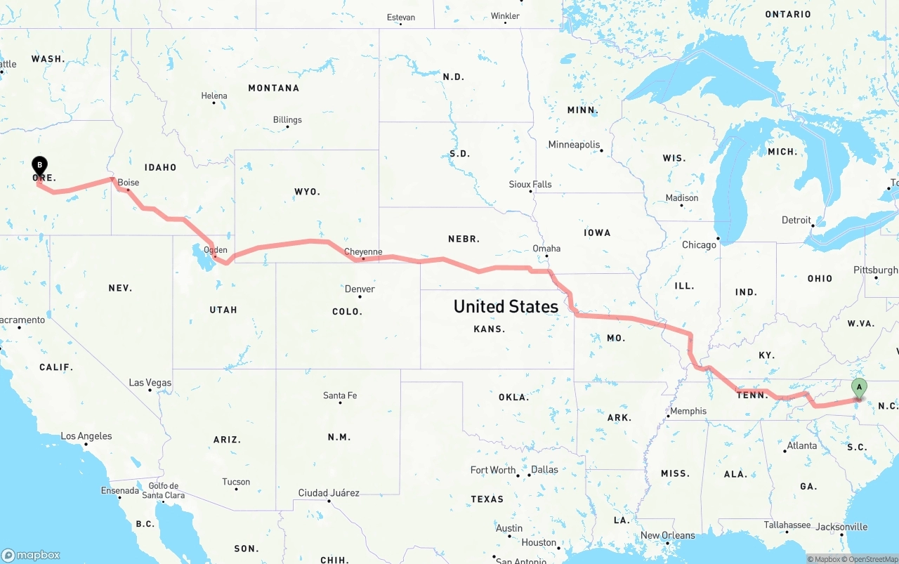 Shipping route from North Carolina to Oregon