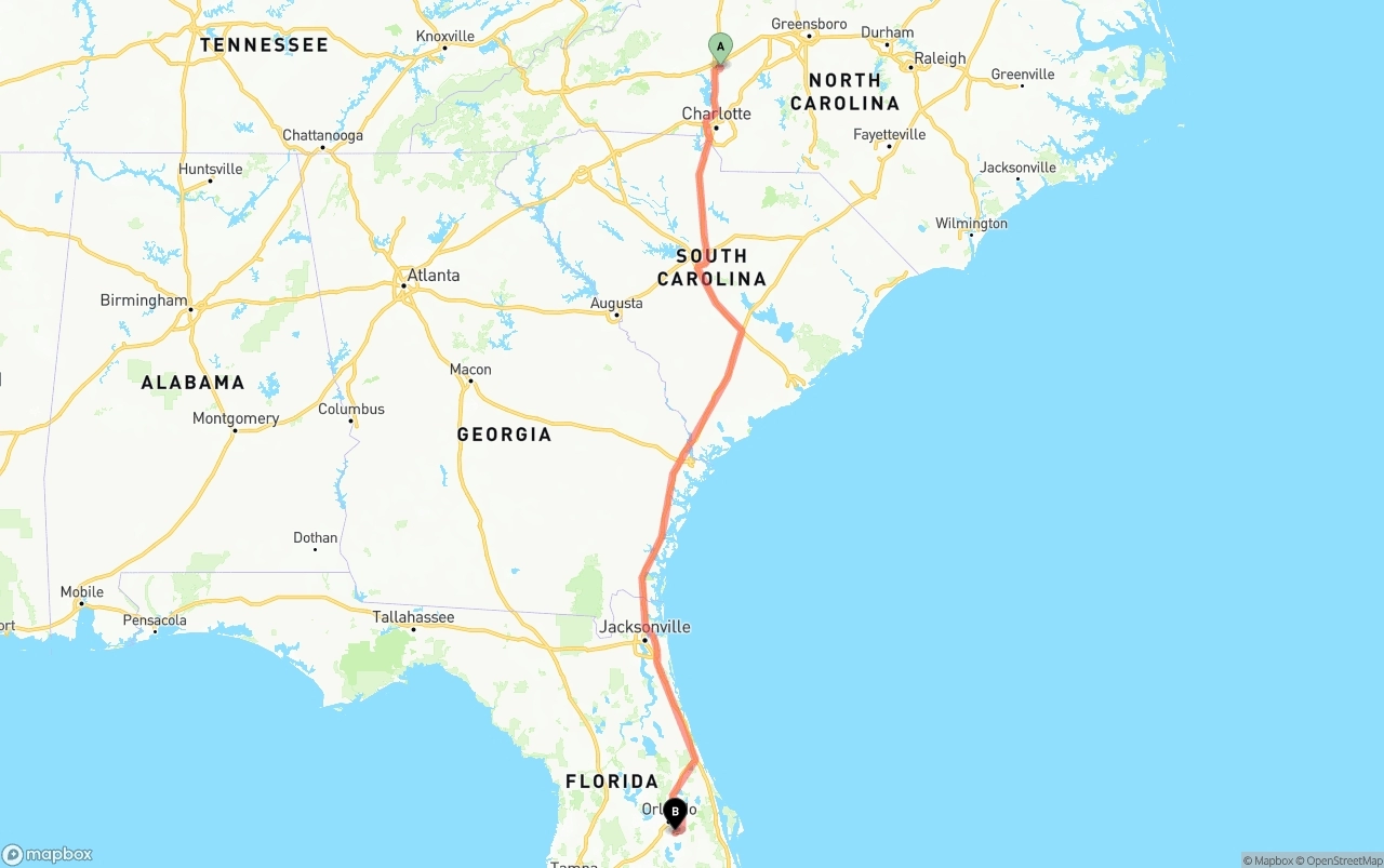 Shipping route from North Carolina to Orlando International Airport