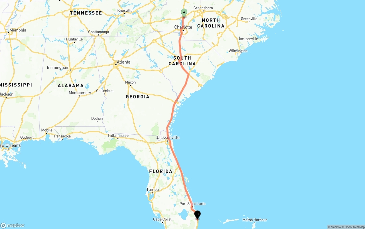 Shipping route from North Carolina to Palm Beach International Airport