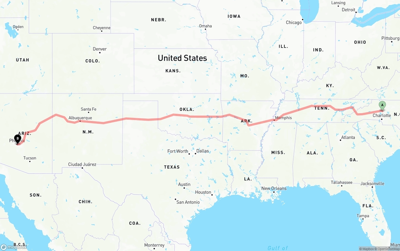 Shipping route from North Carolina to Phoenix Sky Harbor International Airport