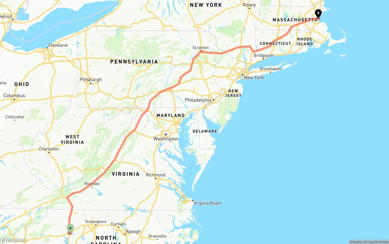 Shipping route from North Carolina to Port of Boston