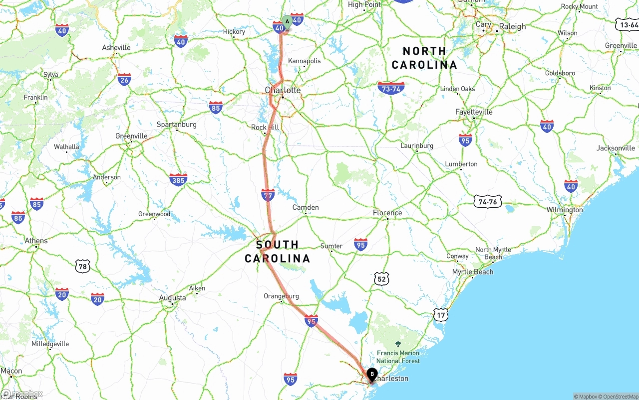 Shipping route from North Carolina to Port of Charleston