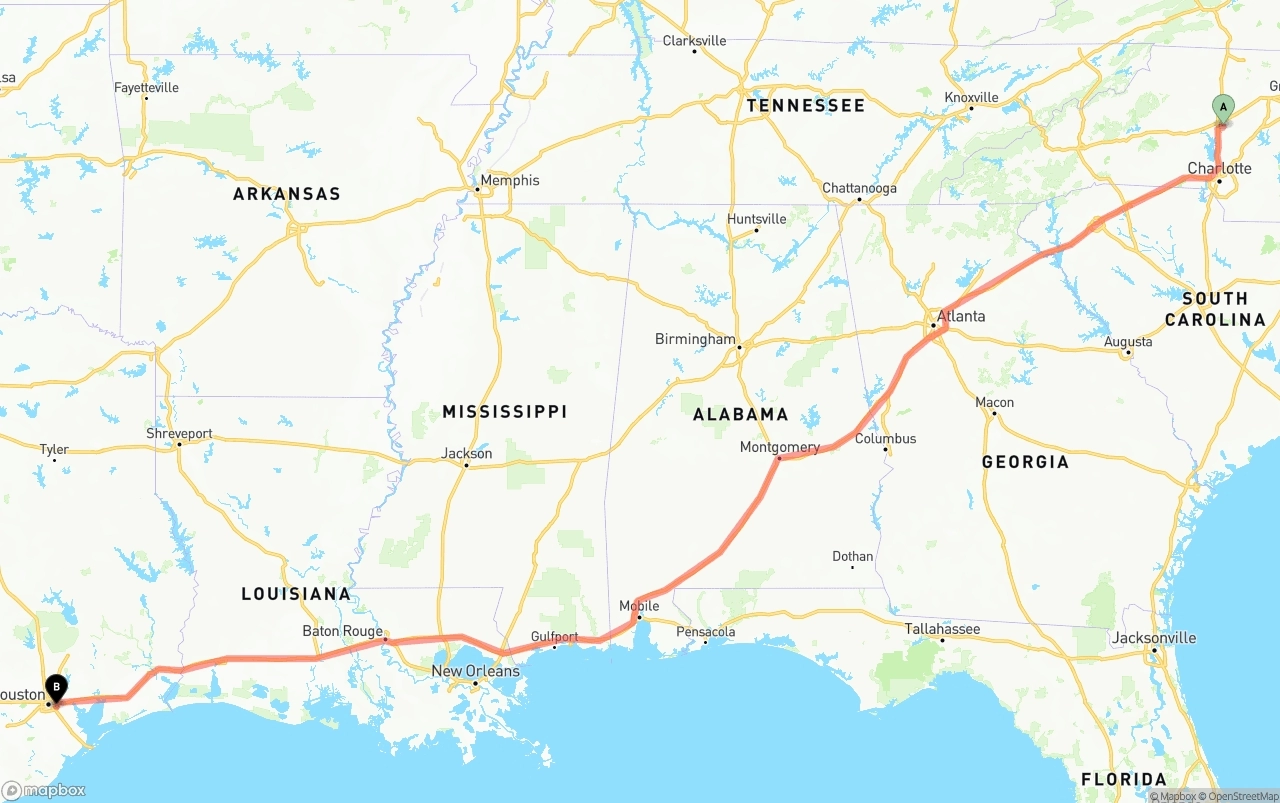 Shipping route from North Carolina to Port of Houston
