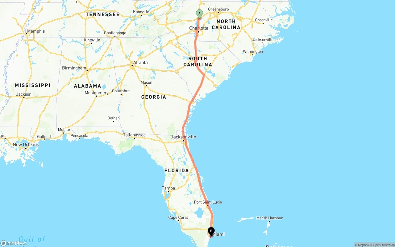 Shipping route from North Carolina to Port of Miami