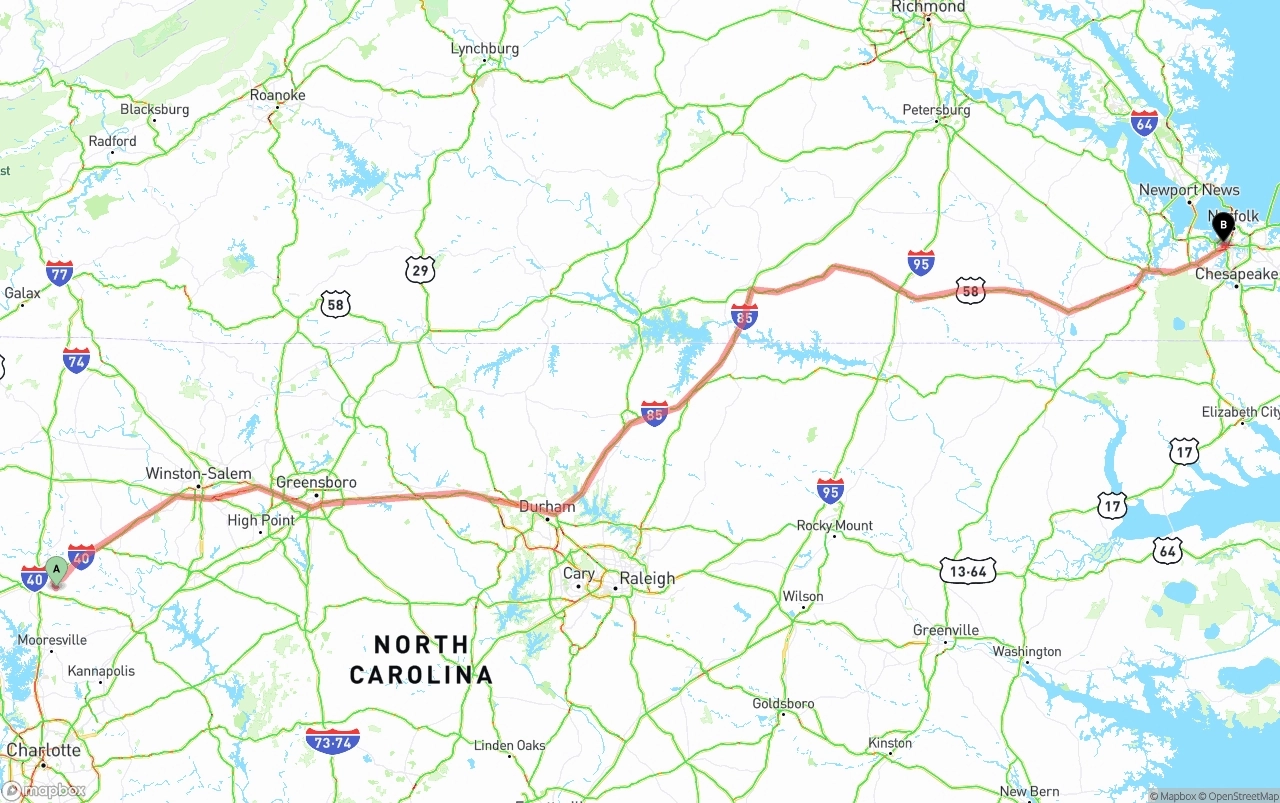 Shipping route from North Carolina to Port of Norfolk