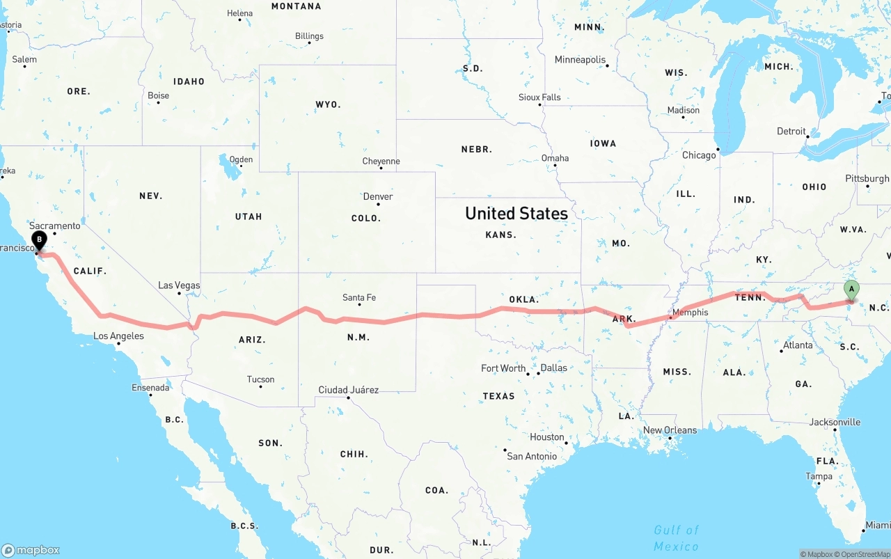 Shipping route from North Carolina to Port of Oakland