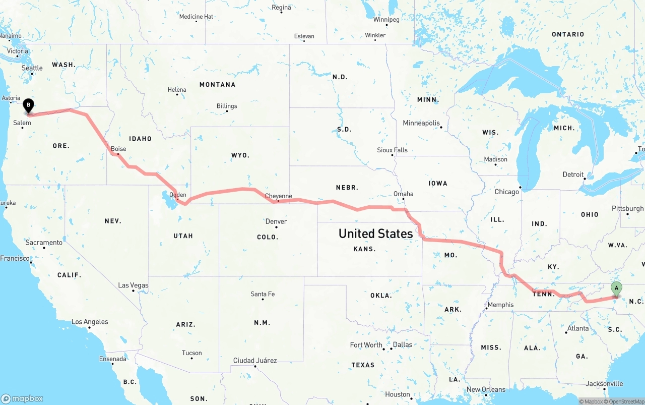 Shipping route from North Carolina to Port of Portland