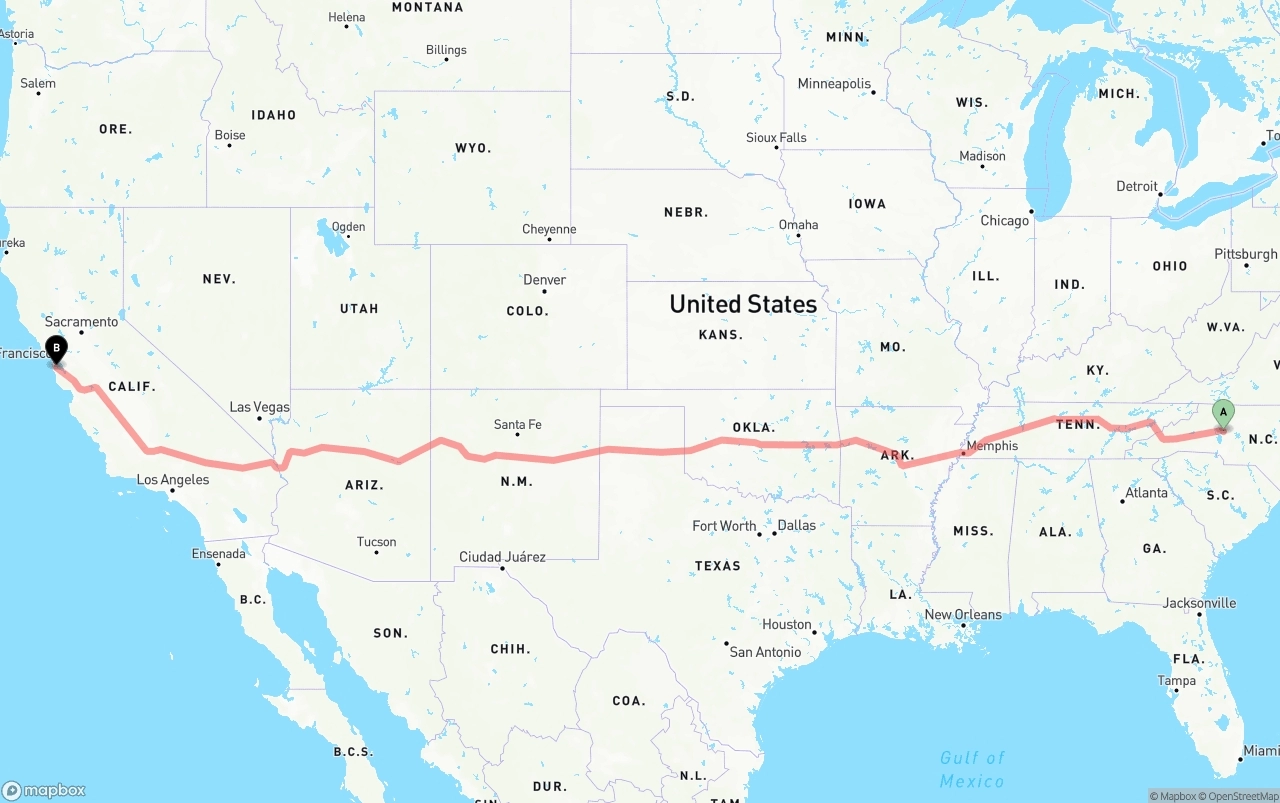 Shipping route from North Carolina to San Francisco International Airport
