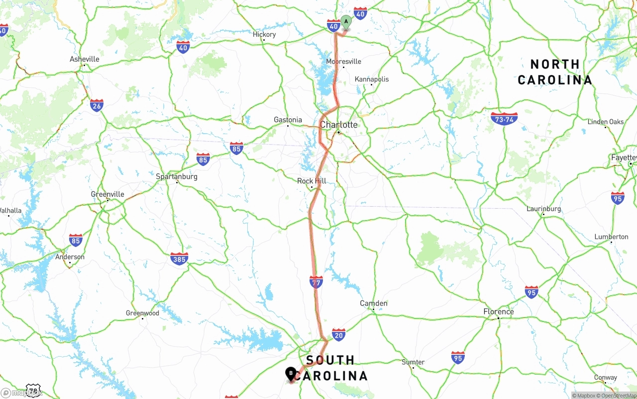 Shipping route from North Carolina to South Carolina