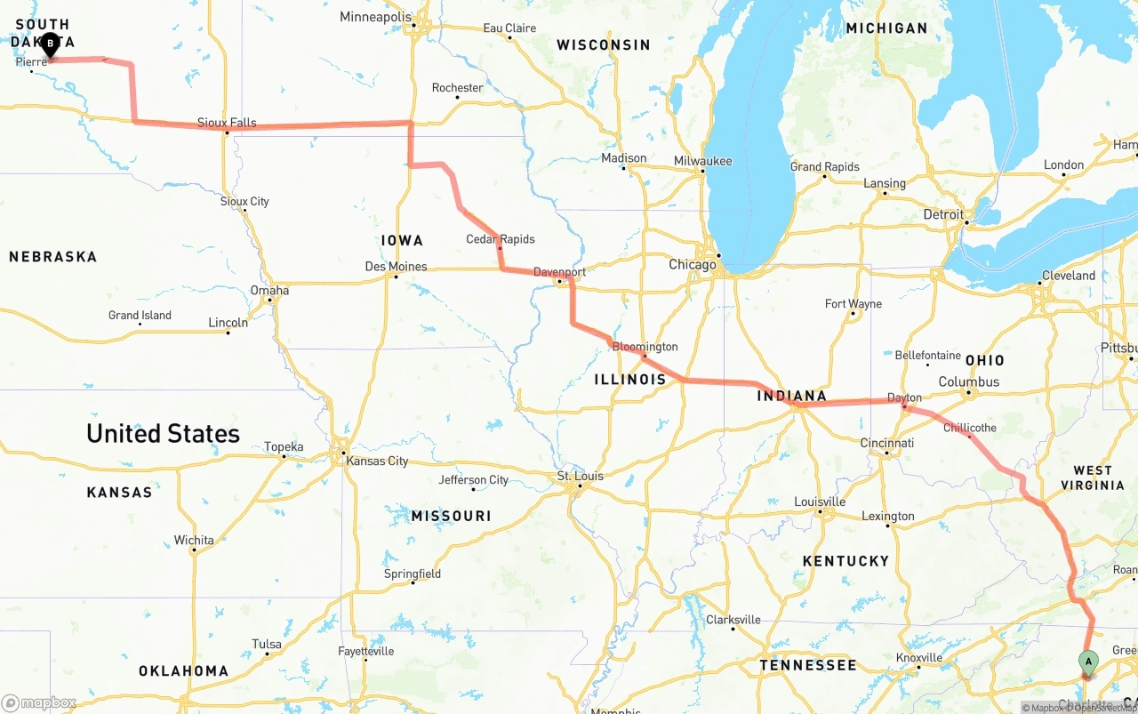 Shipping route from North Carolina to South Dakota