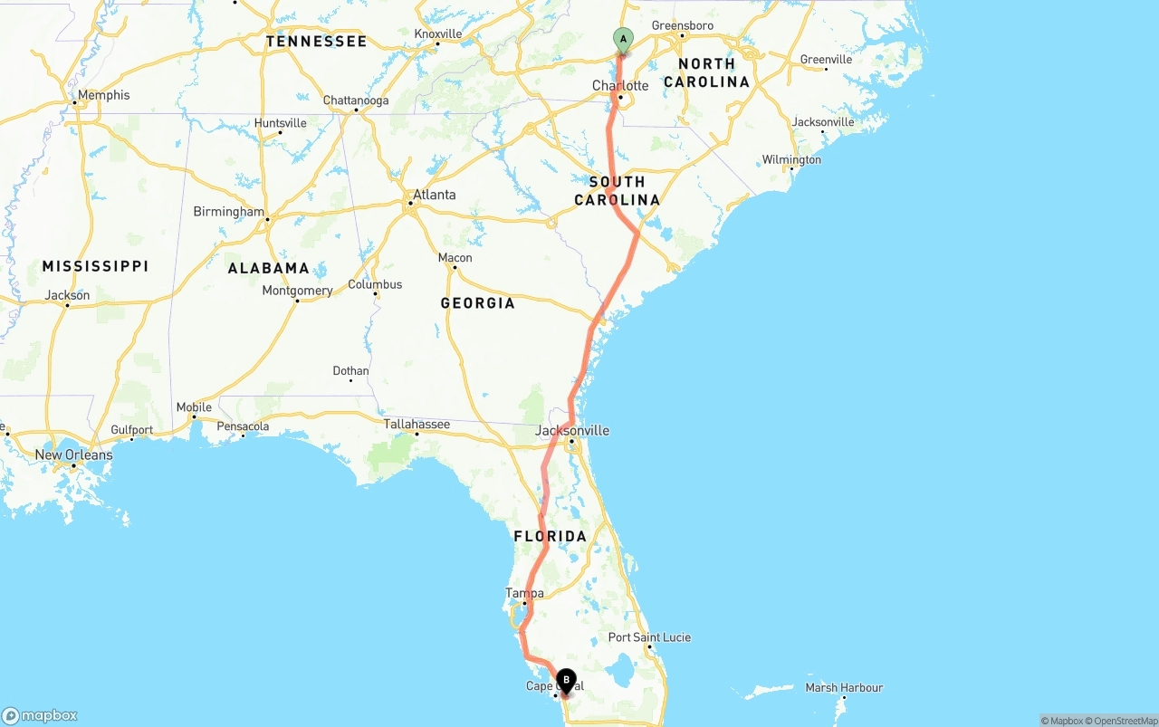 Shipping route from North Carolina to Southwest Florida International Airport