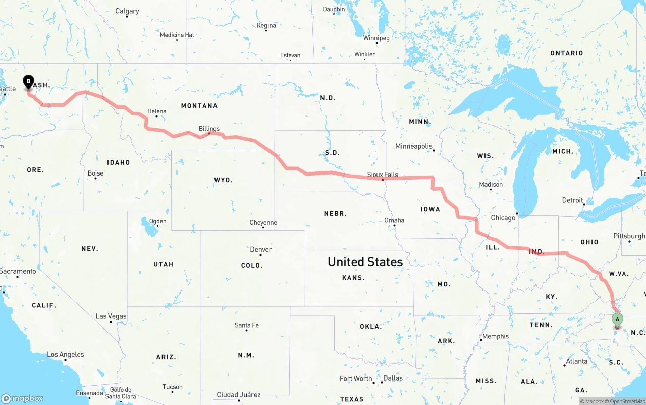 Shipping route from North Carolina to Washington