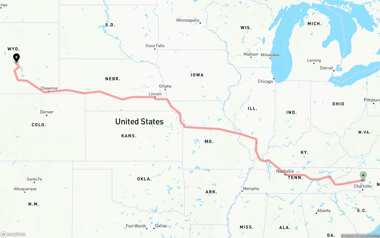 Shipping route from North Carolina to Wyoming