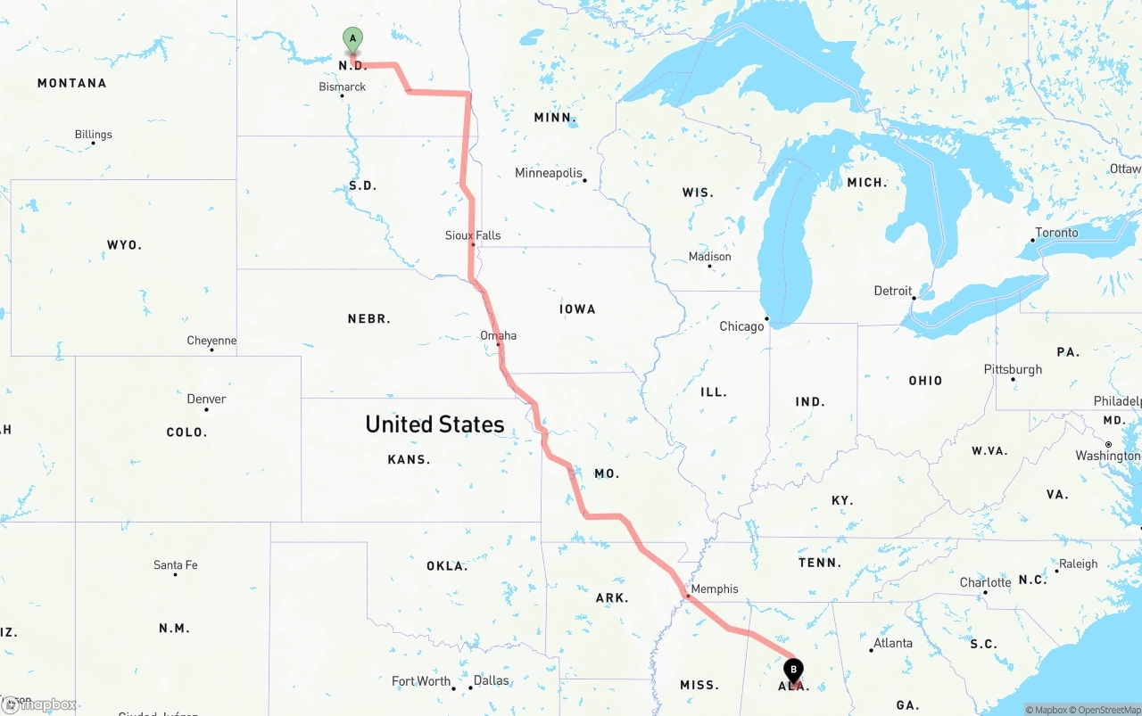 Shipping route from North Dakota to Alabama