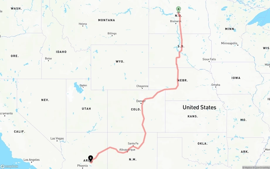 North Dakota to Arizona freight shipping route map