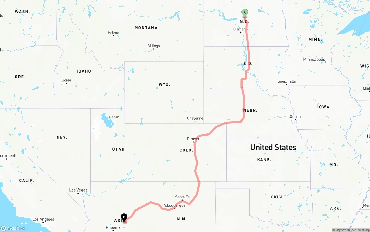 Shipping route from North Dakota to Arizona