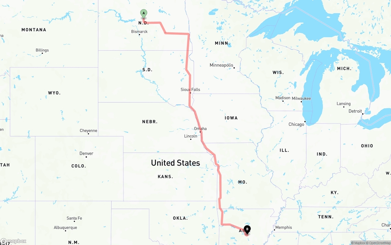 Shipping route from North Dakota to Arkansas