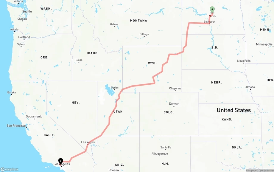 North Dakota to Bob Hope Airport freight shipping route map