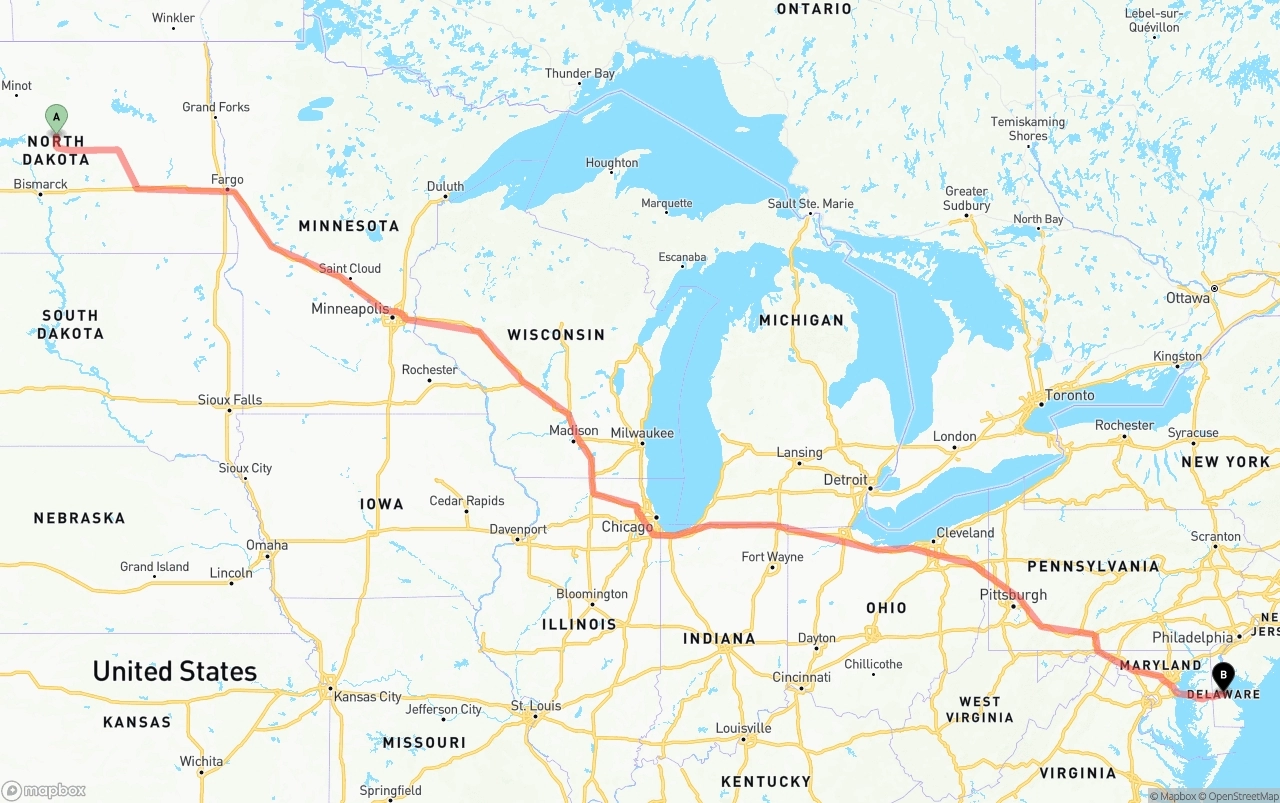 Shipping route from North Dakota to Delaware