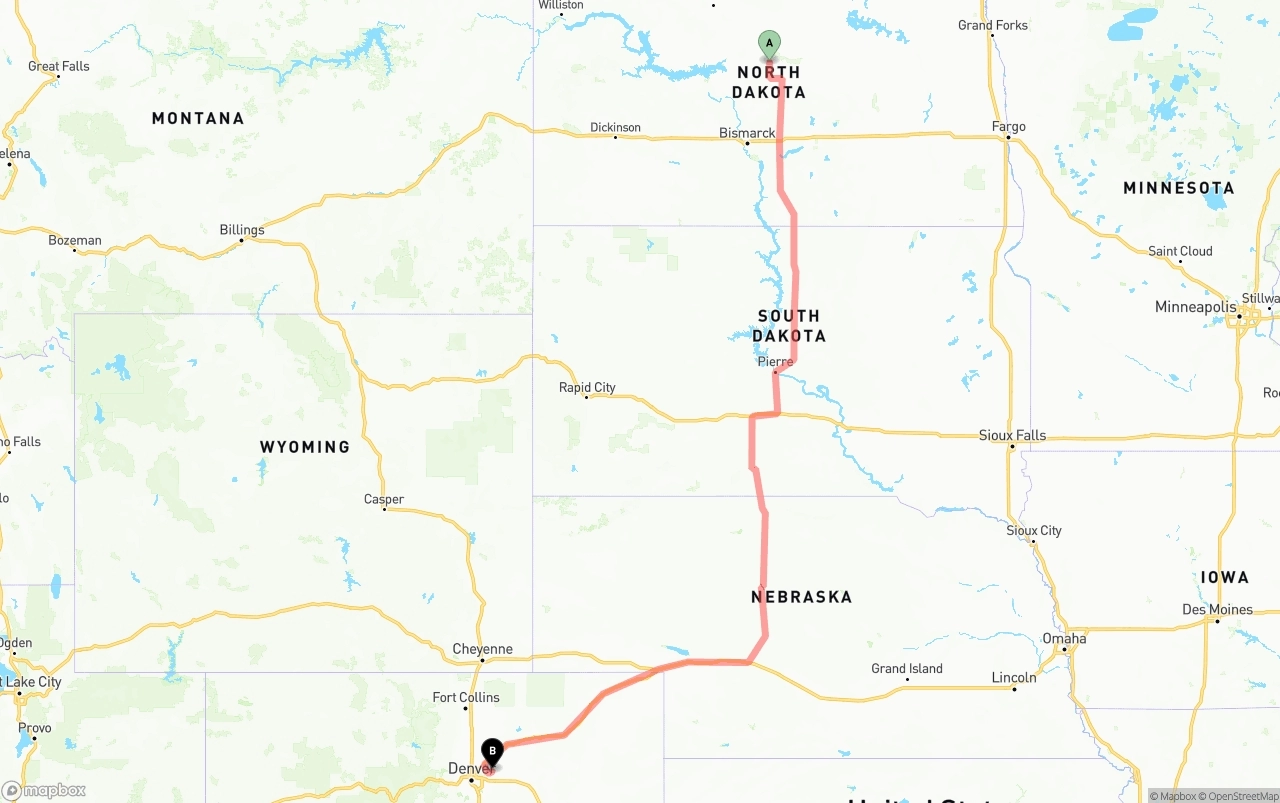 Shipping route from North Dakota to Denver International Airport