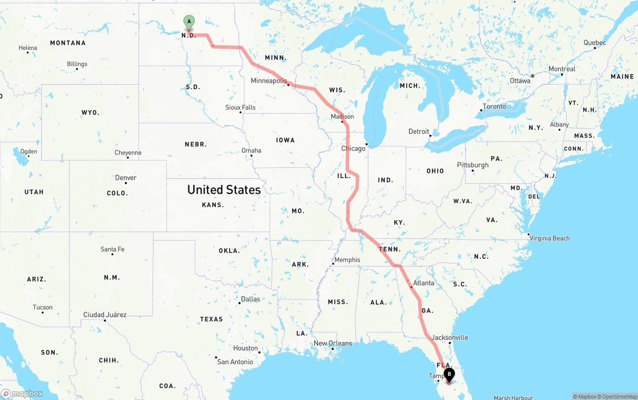 Shipping route from North Dakota to Florida