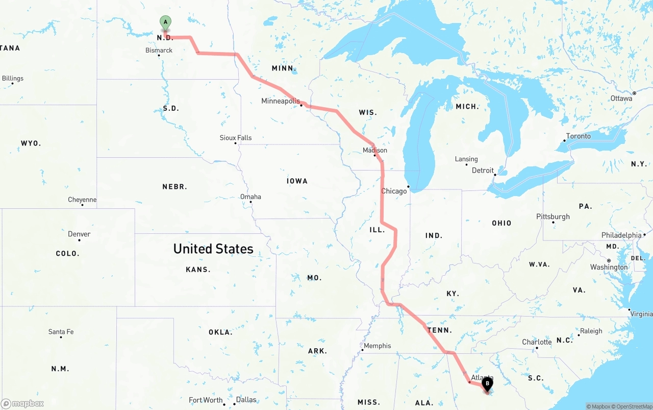 Shipping route from North Dakota to Georgia