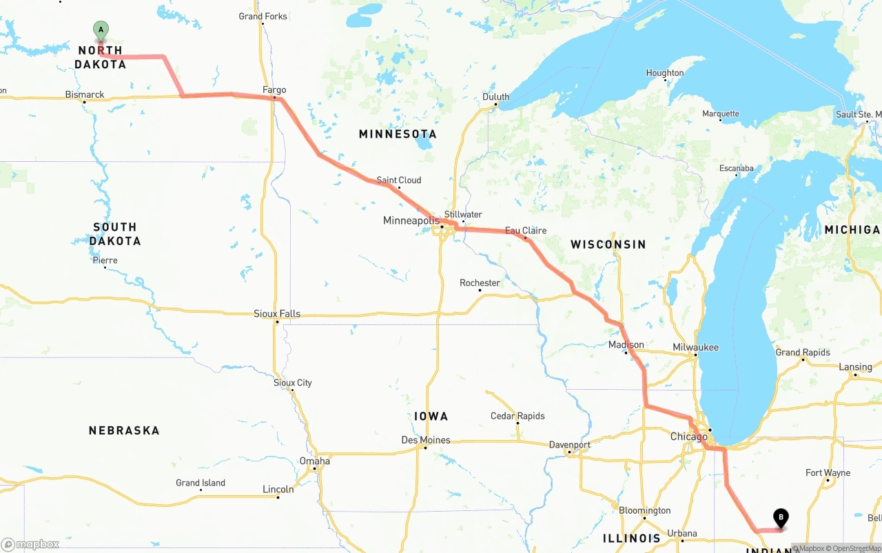 Shipping route from North Dakota to Indiana