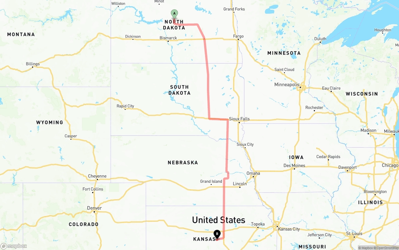 Shipping route from North Dakota to Kansas