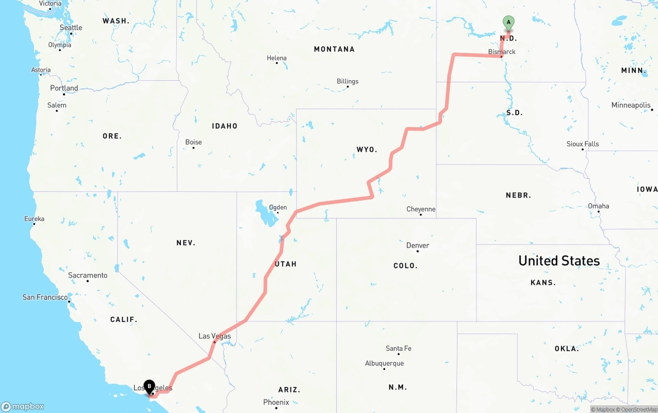Shipping route from North Dakota to Los Angeles International Airport