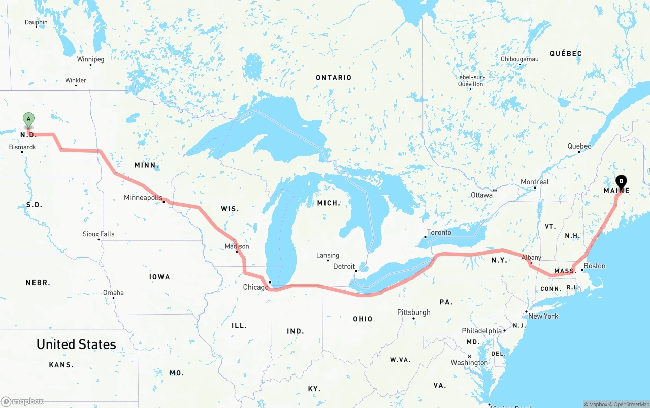 Shipping route from North Dakota to Maine