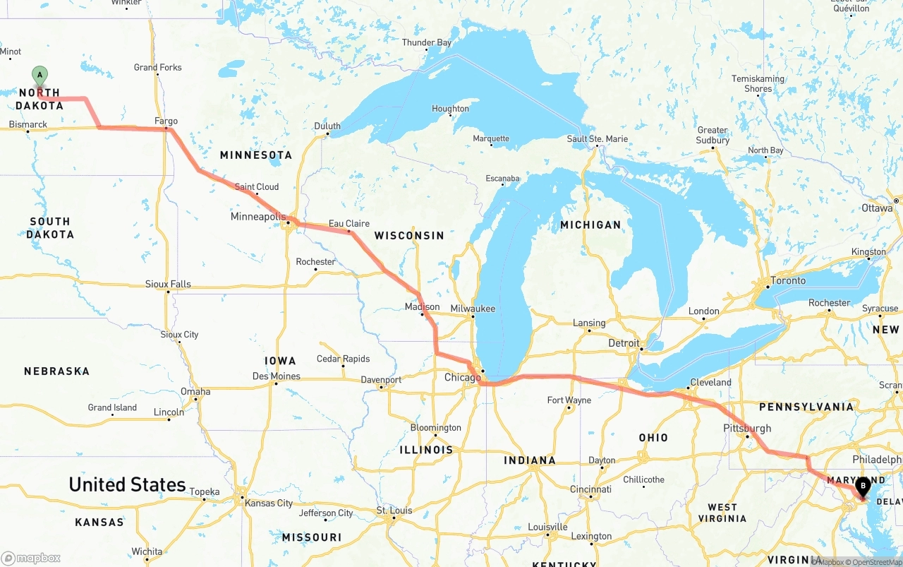 Shipping route from North Dakota to Maryland