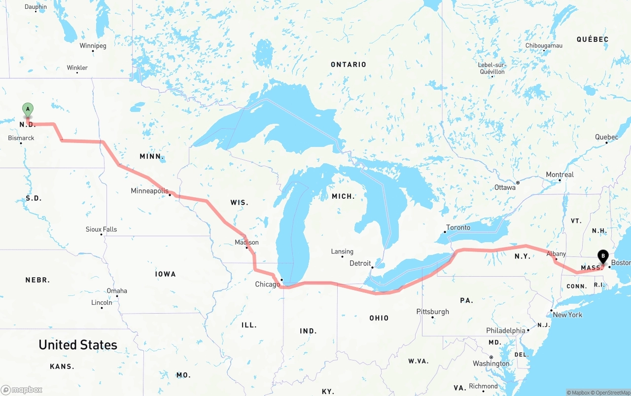 Shipping route from North Dakota to Massachusetts