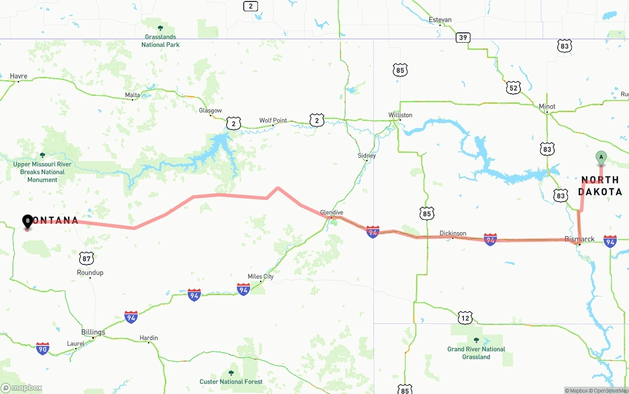 Shipping route from North Dakota to Montana