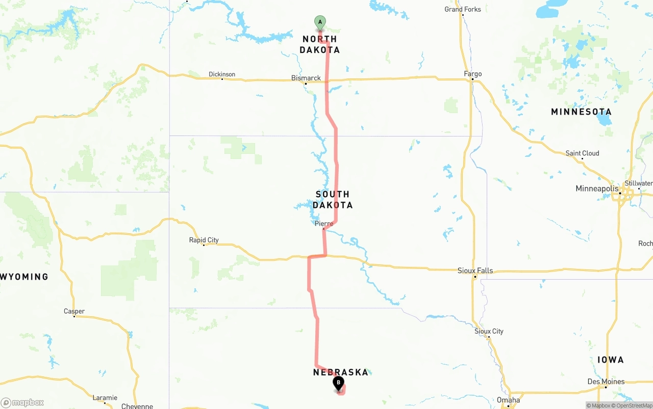 Shipping route from North Dakota to Nebraska