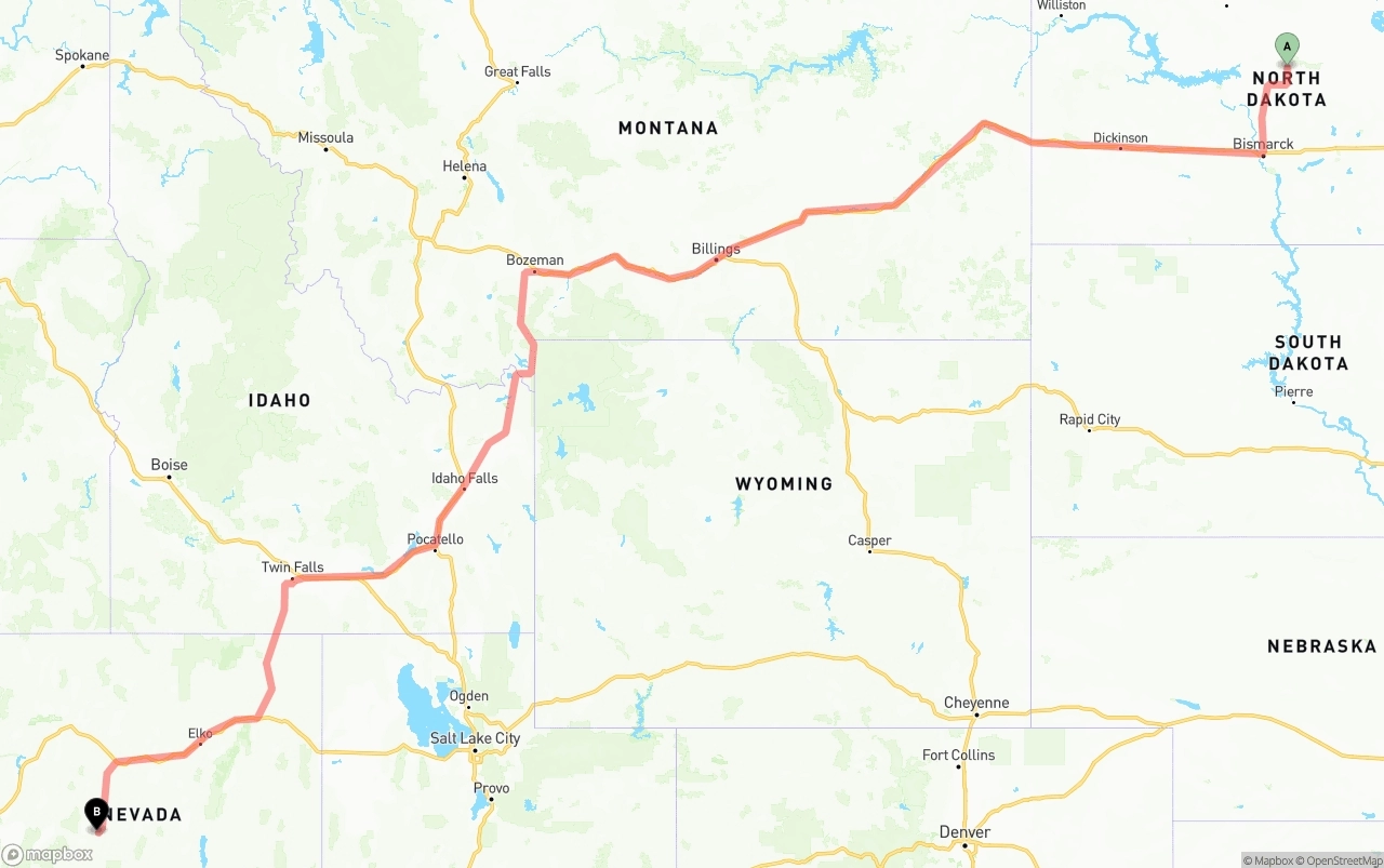 Shipping route from North Dakota to Nevada