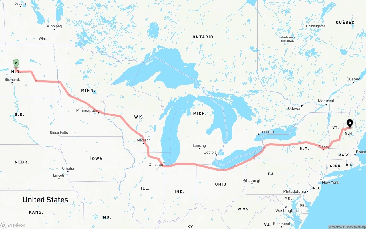 Shipping route from North Dakota to New Hampshire