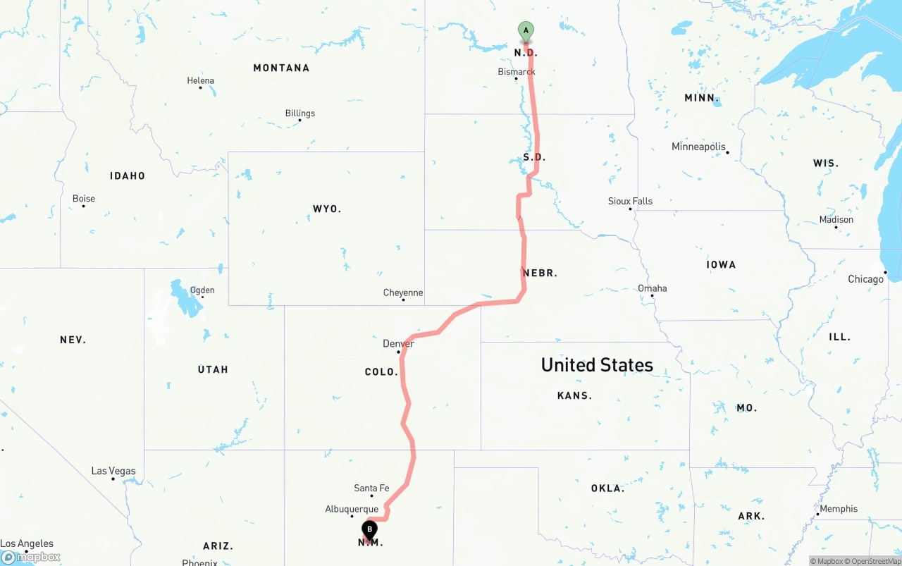 Shipping route from North Dakota to New Mexico