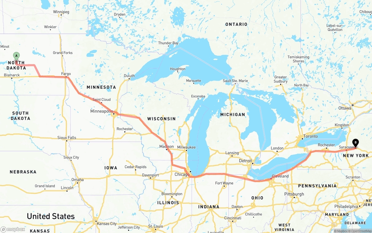 Shipping route from North Dakota to New York