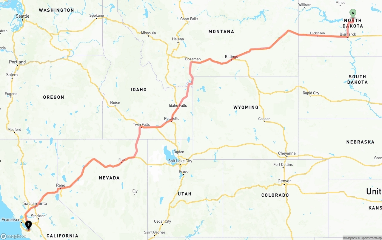 Shipping route from North Dakota to Norman Y. Mineta San Jose International Airport
