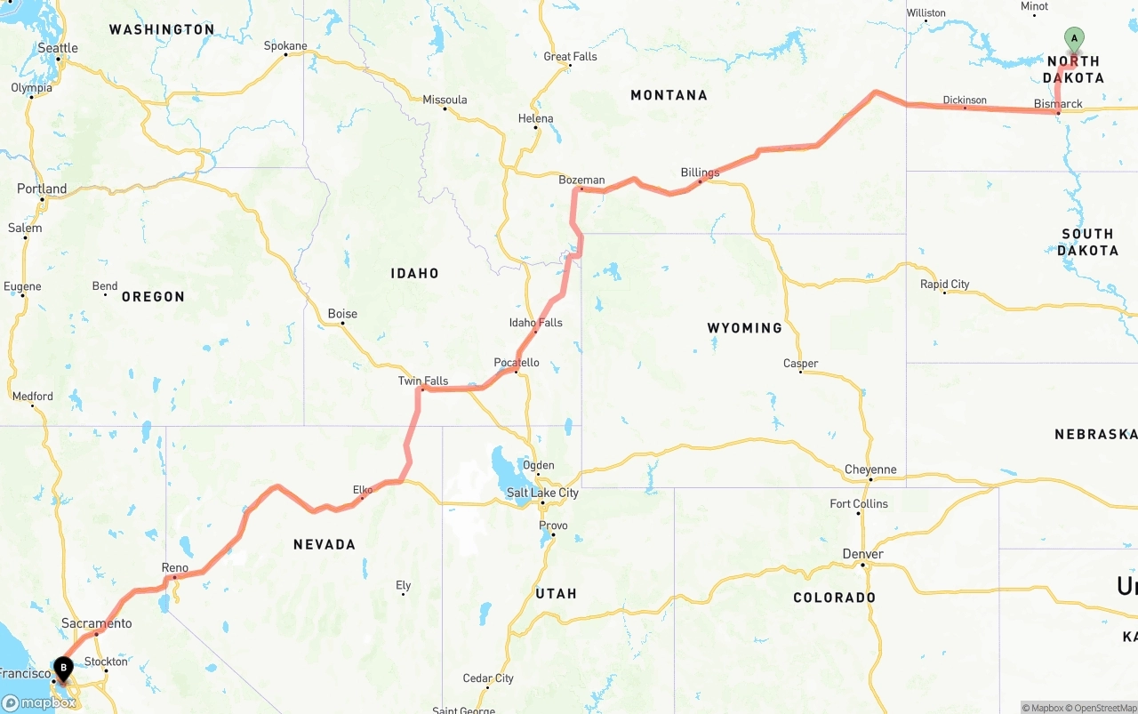 Shipping route from North Dakota to Oakland International Airport