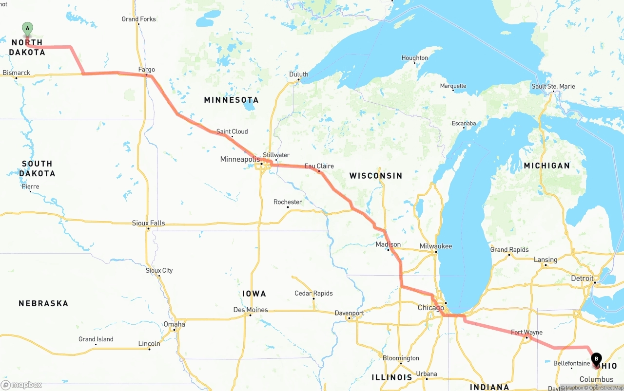 Shipping route from North Dakota to Ohio