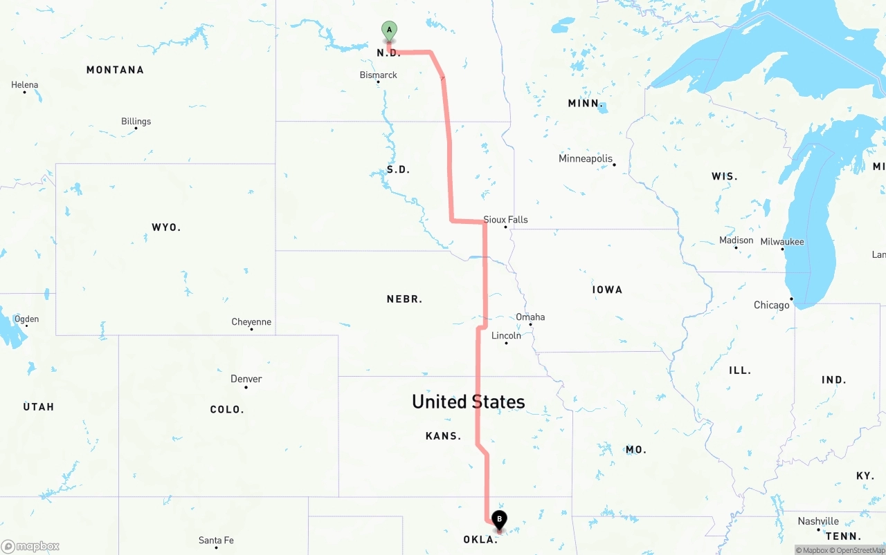 Shipping route from North Dakota to Oklahoma