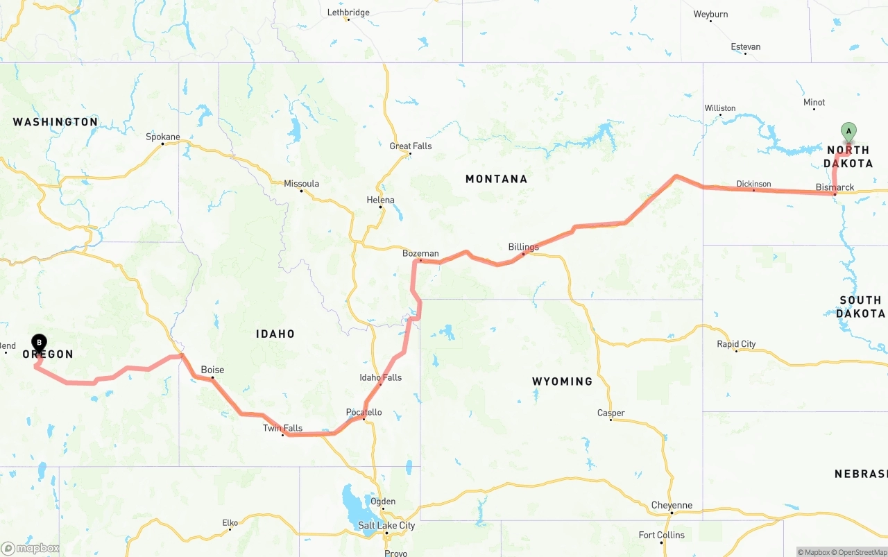 Shipping route from North Dakota to Oregon