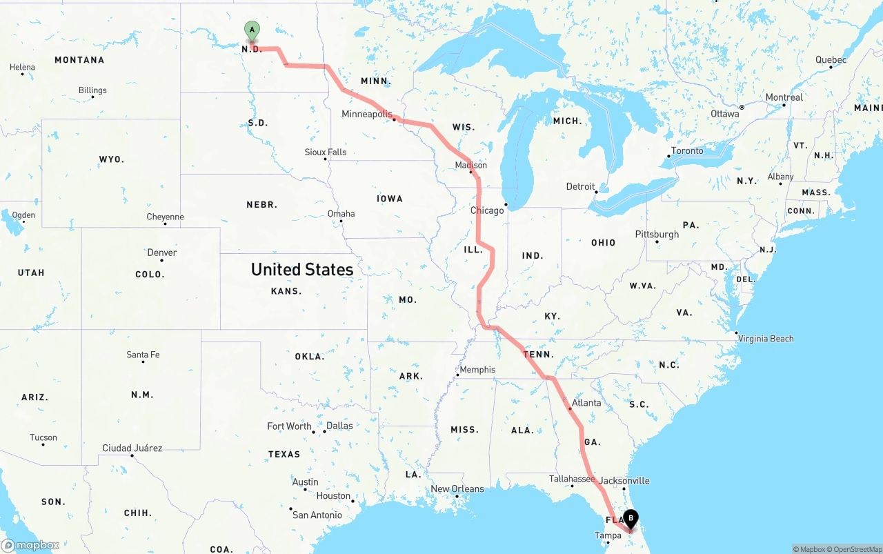 Shipping route from North Dakota to Orlando International Airport