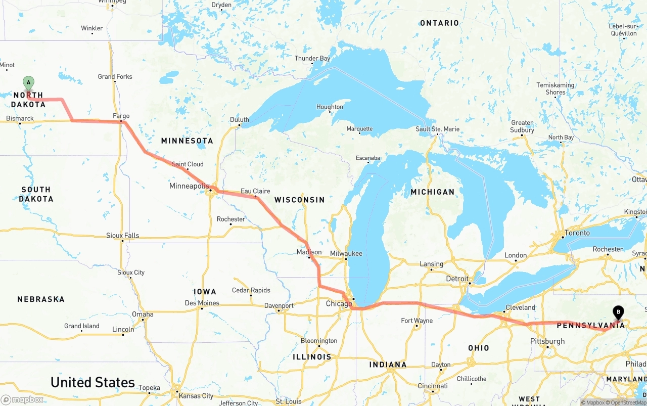 Shipping route from North Dakota to Pennsylvania