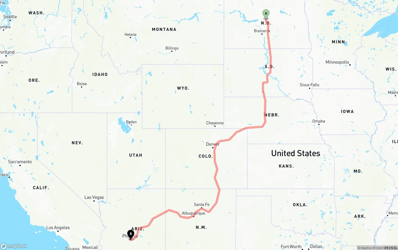 Shipping route from North Dakota to Phoenix Sky Harbor International Airport