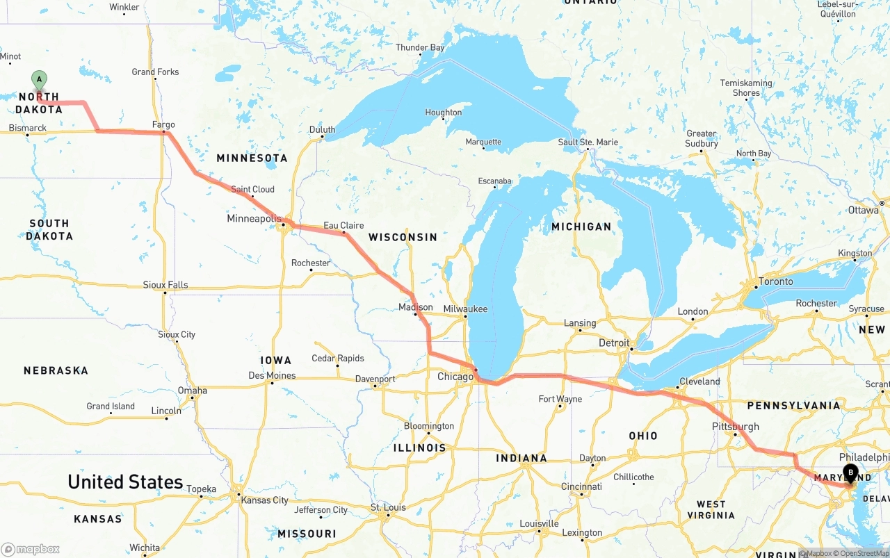 Shipping route from North Dakota to Port of Baltimore