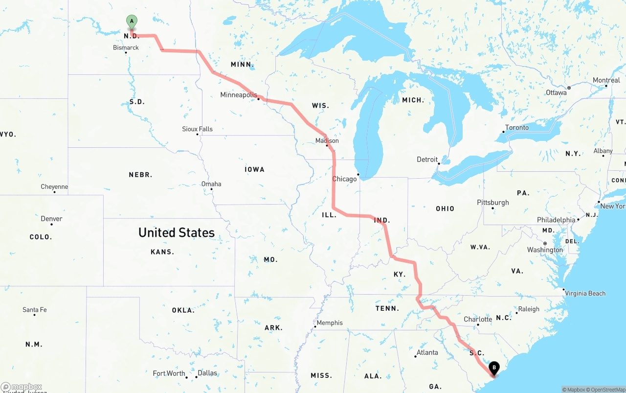 Shipping route from North Dakota to Port of Charleston