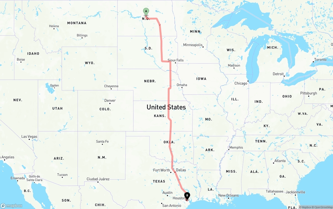 Shipping route from North Dakota to Port of Houston