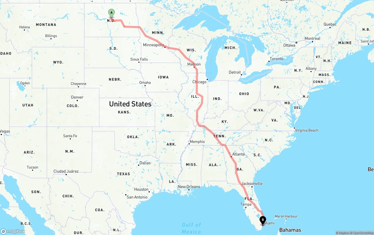 Shipping route from North Dakota to Port of Miami